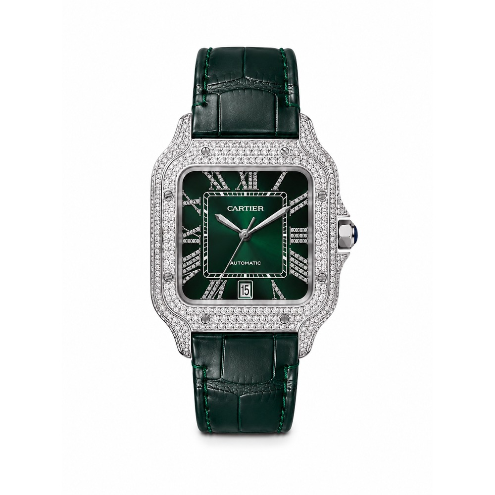 Cartier Santos 2025, emerald green dial, natural VS diamonds